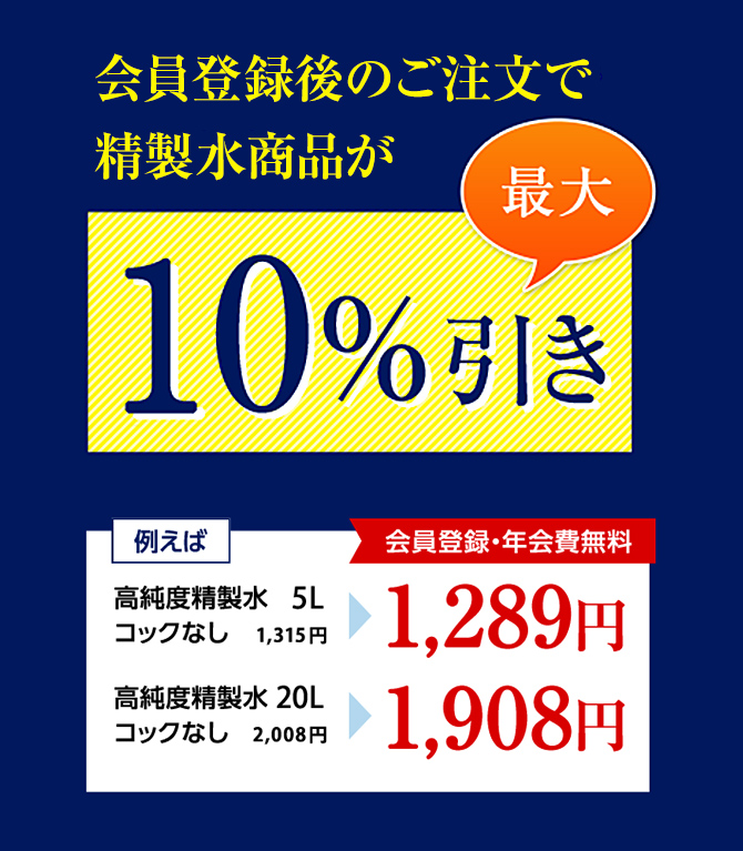 精製水.com会員登録でのご注文で最大20%引き